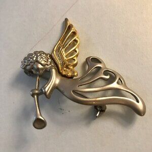 Angel pin Brooch Christmas Silver And Goldtone Finish Textured J3553